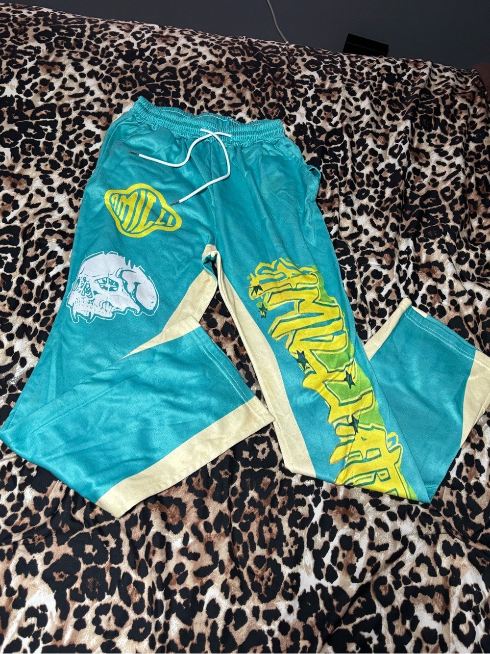 Teal Graphic Track Pants with Yellow Accents